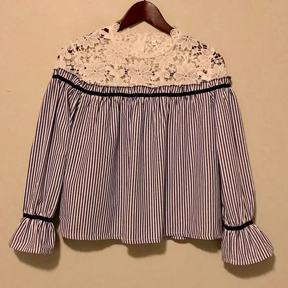 SHEIN Pinstriped Ruffle Lace Navy Blue Top NEW S